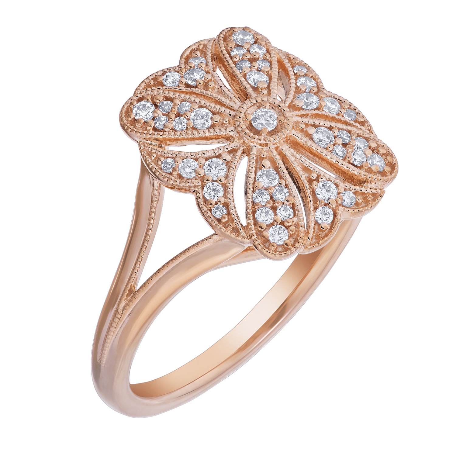Vintage Treasures&trade; 14k Rose Gold Rectangular Filigree Vintage Style with Milgrain Ring Diamond 0.20 Ctw