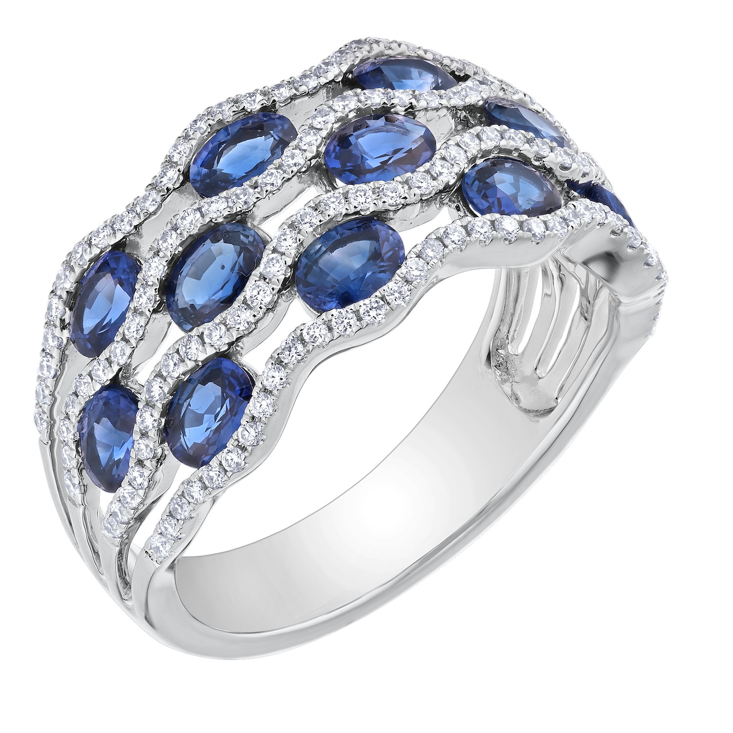 Majestic Gems&trade; 14k White Gold 3 Rows Oval Color Stones with Pave Rows Between Blue Sapphire & Diamond 2.73 Ctw