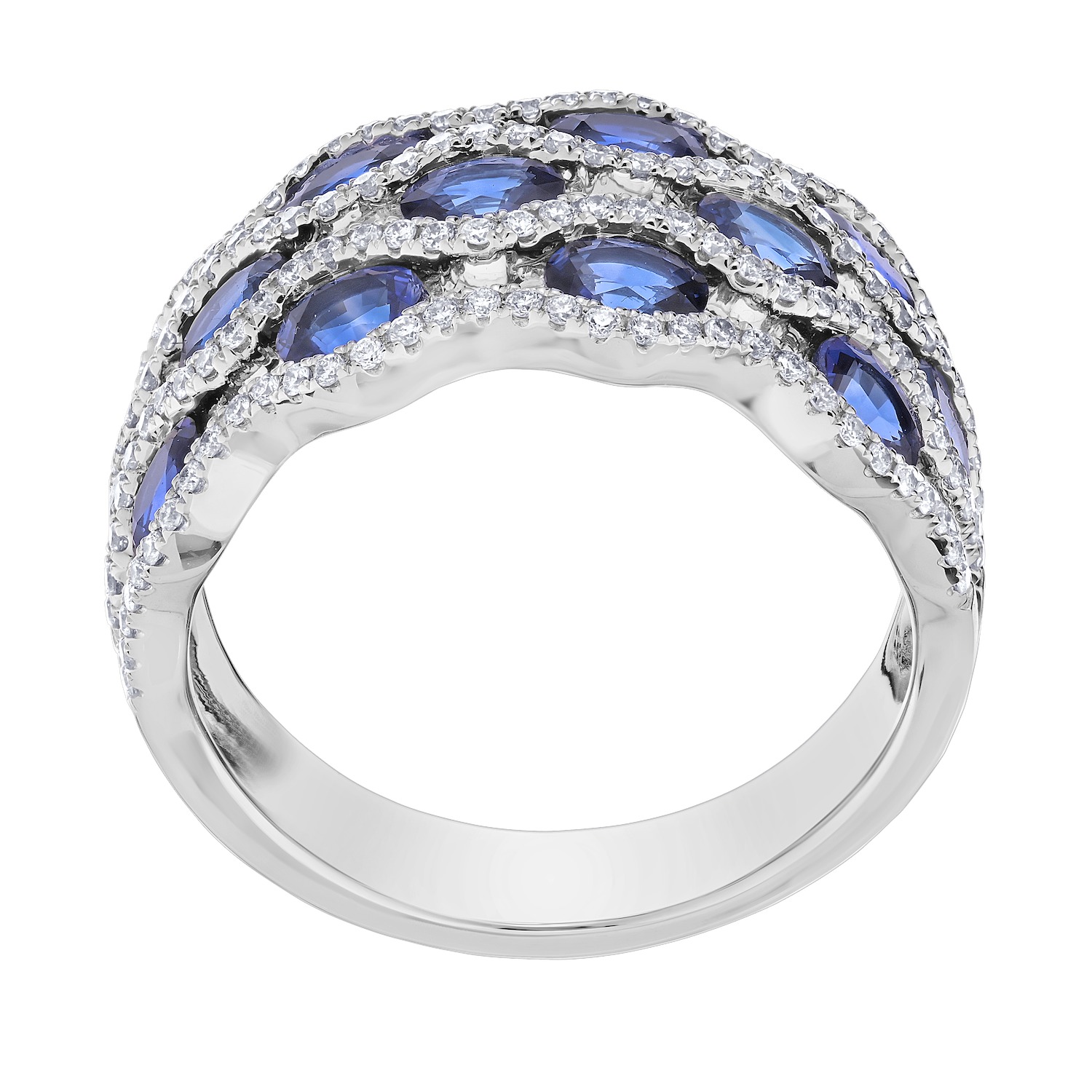 Majestic Gems&trade; 14k White Gold 3 Rows Oval Color Stones with Pave Rows Between Blue Sapphire & Diamond 2.73 Ctw