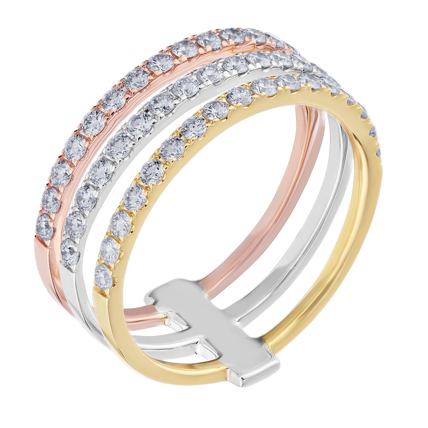 14K Two Tone Ring 3 Parallel Row Prong Set Diamond 0.75 Ctw