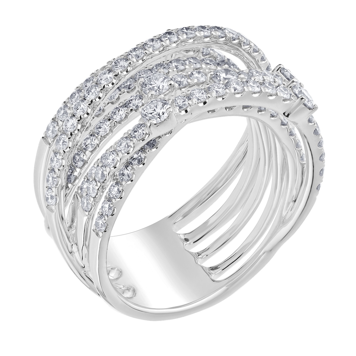 14K White Gold Ring Multi Row Criss Cross Prong Set Diamond 2.00 Ctw