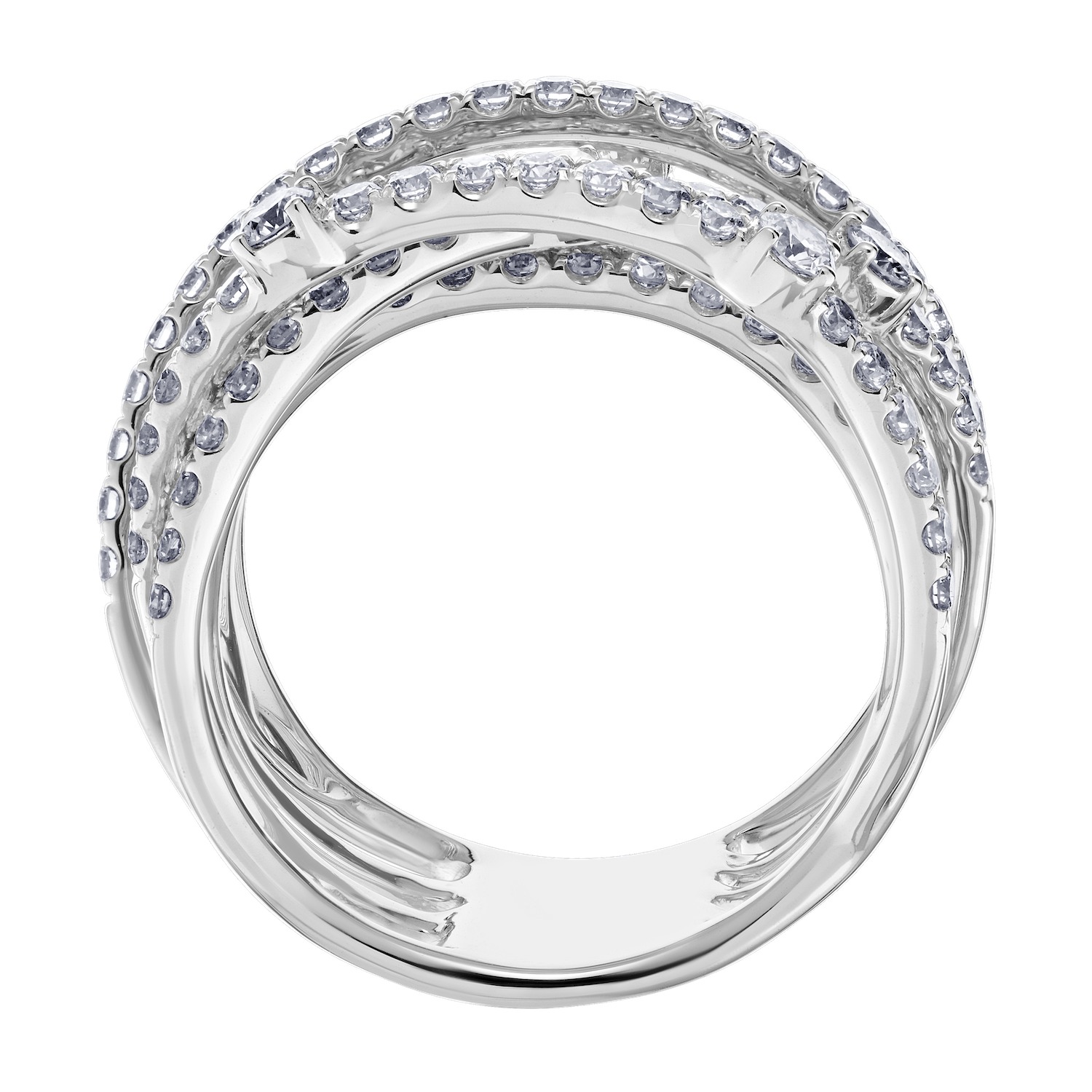 14K White Gold Ring Multi Row Criss Cross Prong Set Diamond 2.00 Ctw