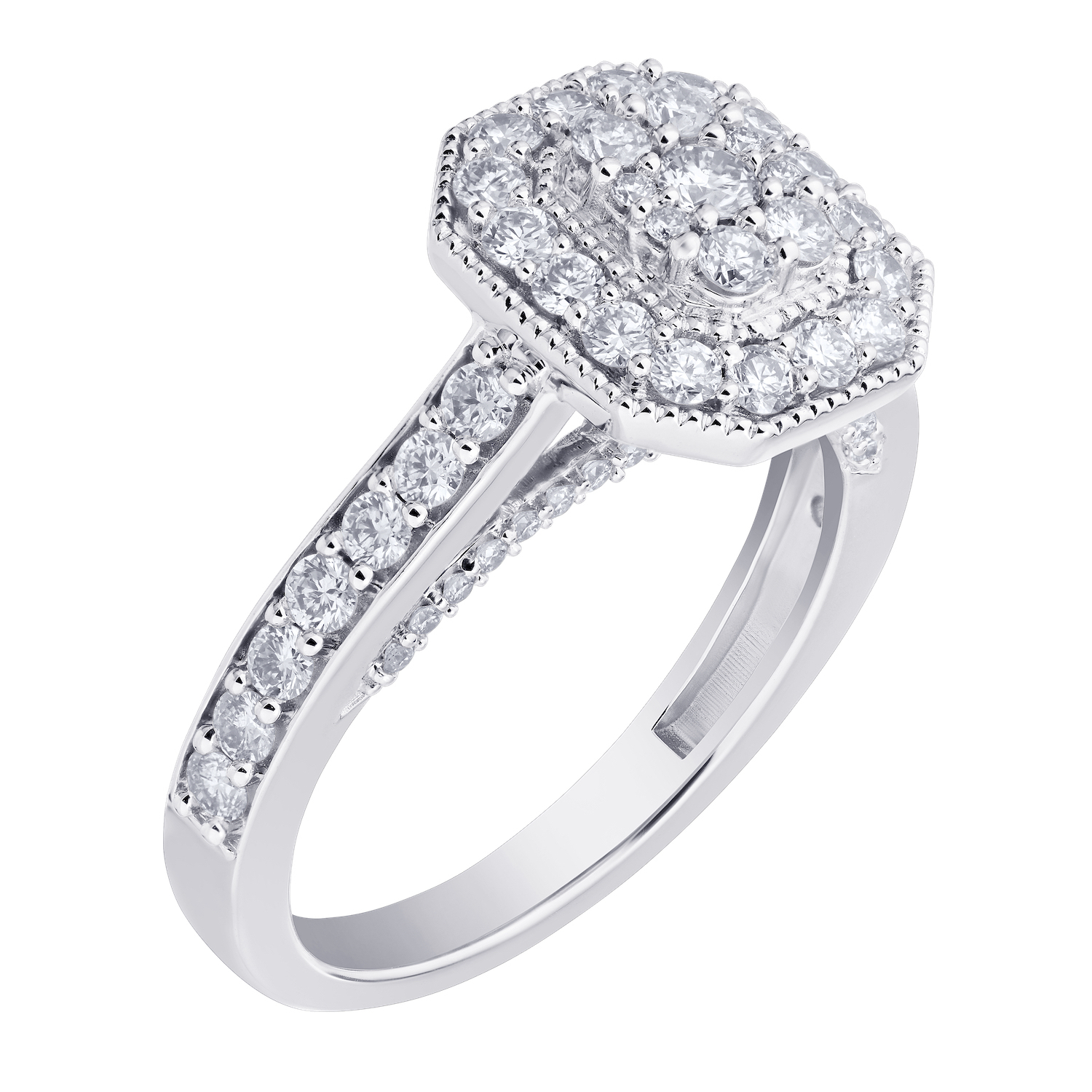 Multiplicity&trade; 14K White Gold Emerald Shape Cluster Halo with Milgrain 1.00 Ctw Diamond