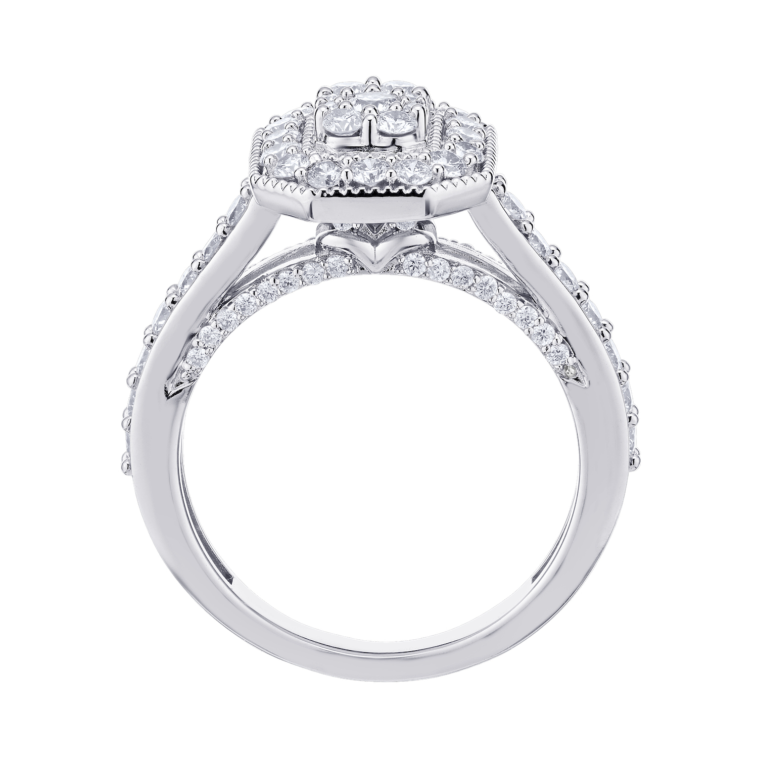 Multiplicity&trade; 14K White Gold Emerald Shape Cluster Halo with Milgrain 1.00 Ctw Diamond