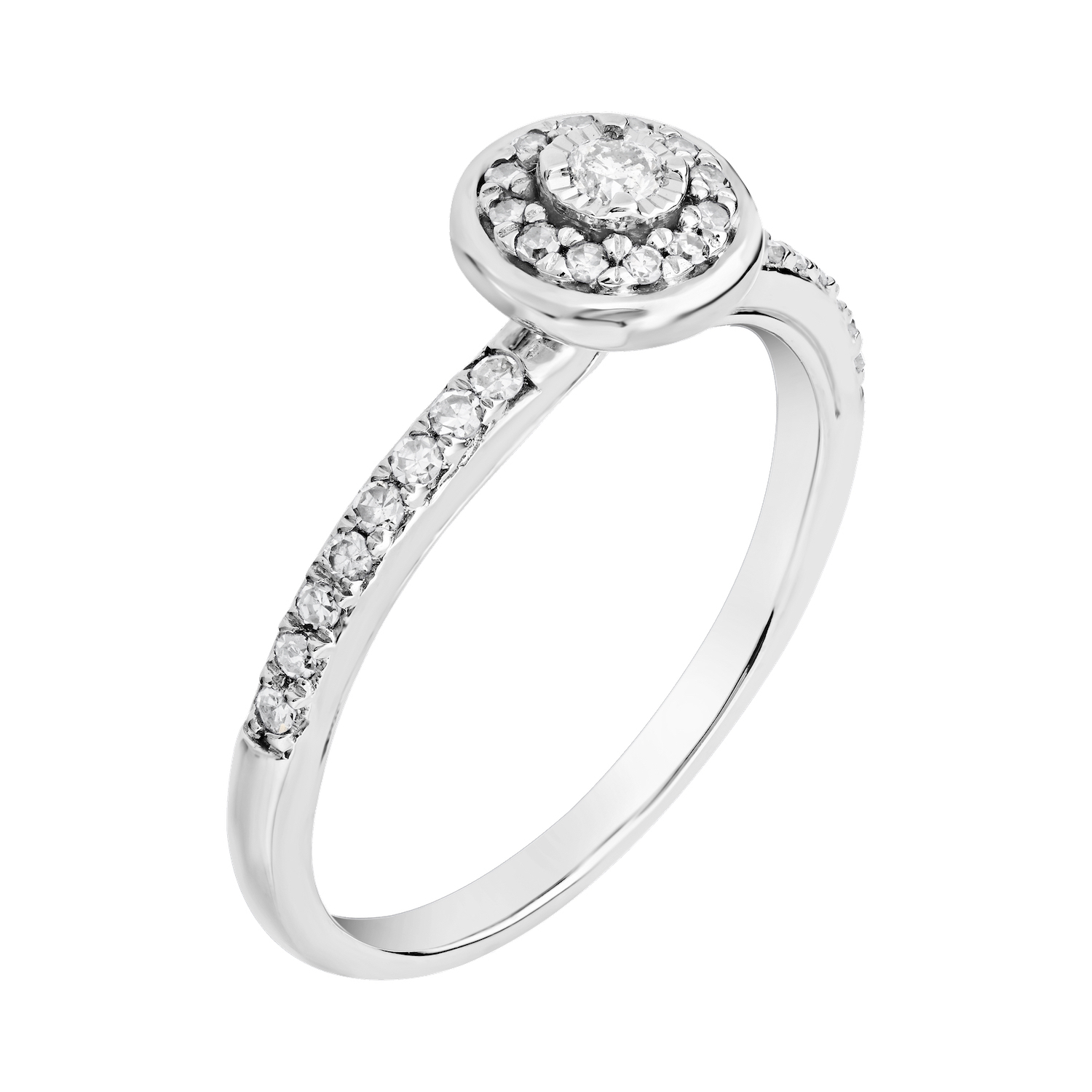 10K White Gold Ring Miracle Plate with Halo Bead Set Shoulders Diamond 0.25 Ctw