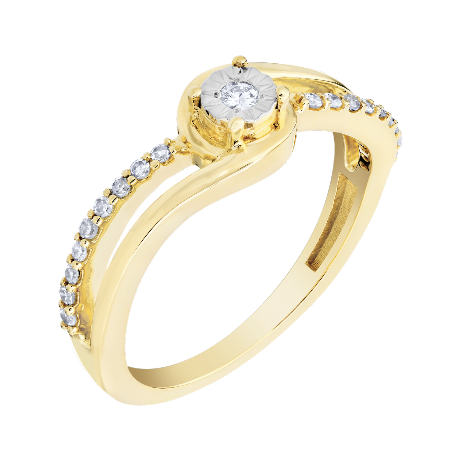 10K Yellow Gold Ring Polished & Bead Set Bypass Miracle Plate Center Diamond 0.15 Ctw