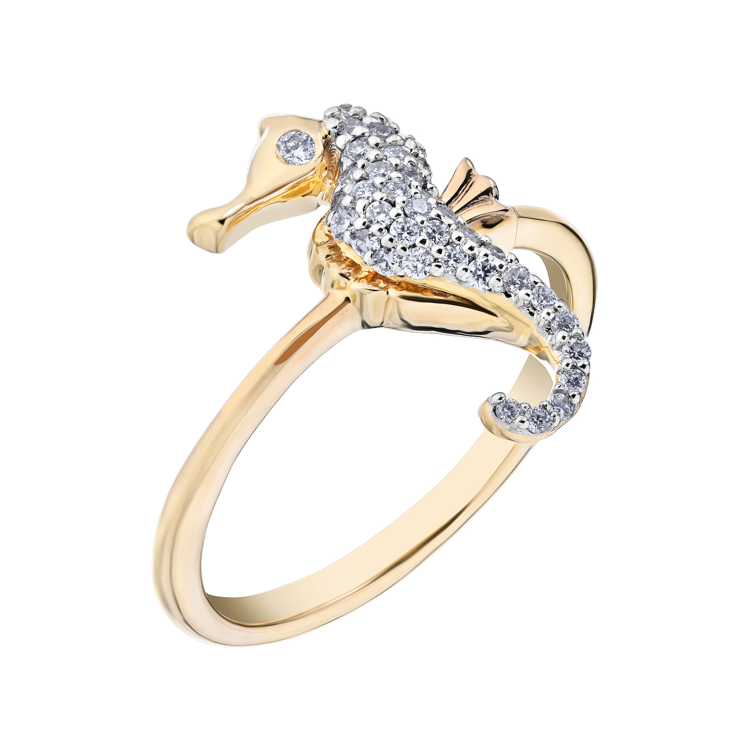 OCEANITY &trade; 14k Yellow Gold Ring Pave Seahorse on Plain Shank Diamond 0.20 Ctw