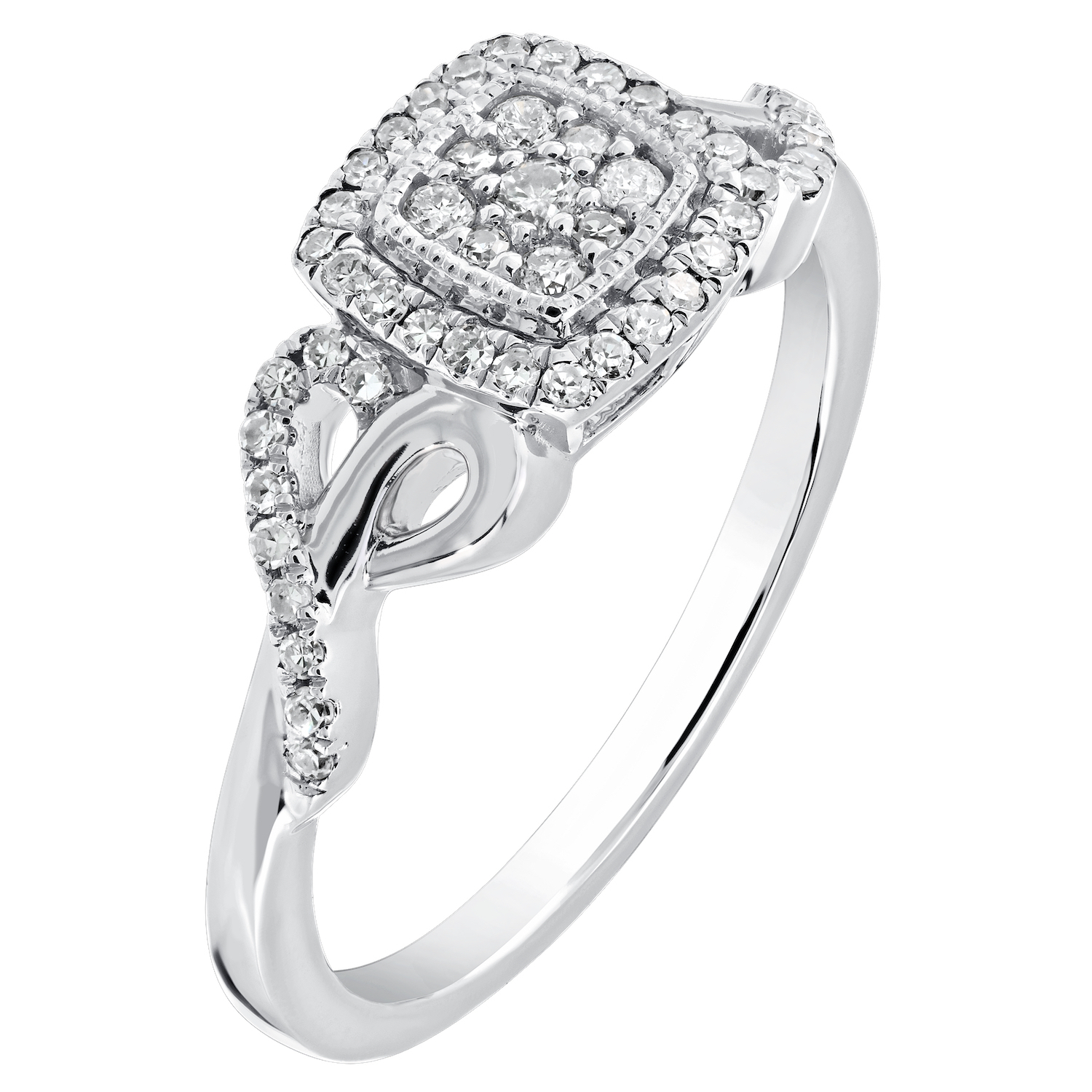 10K White Gold Ring Square Cushion Shape Pave Center Halo Scroll Shoulders Diamond 0.25 Ctw