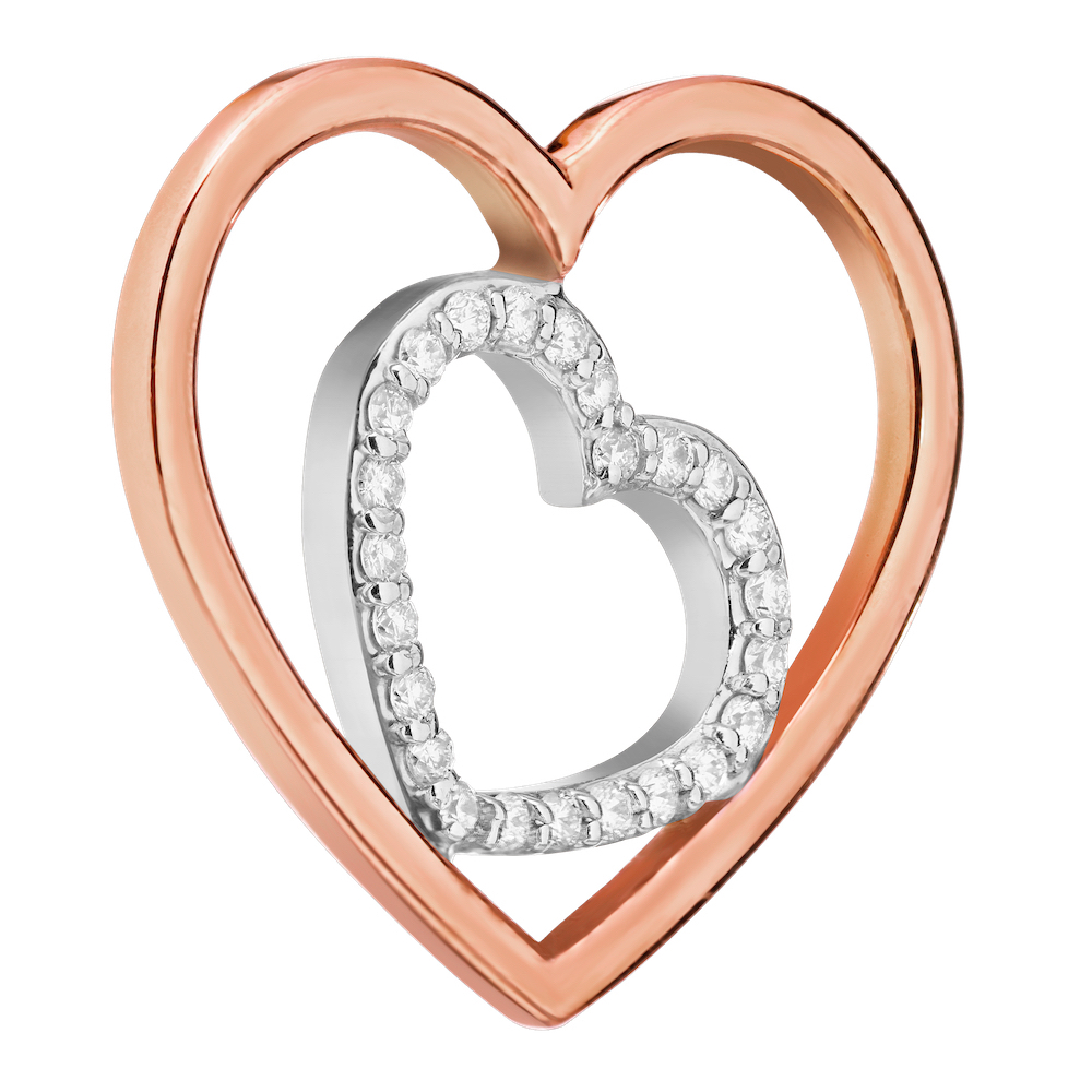 14K Two Tone Pendant Cutout Polished Heart with Smaller Bead Set Heart Diamond 0.25 Ctw