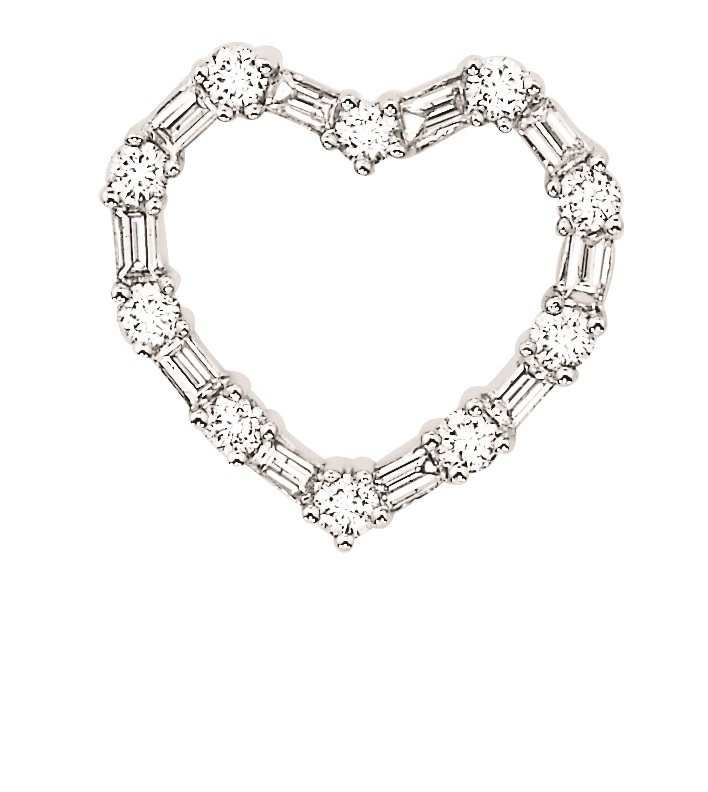 14K White Gold Pendant Round & Baguette Cutout Heart Hidden Bail Diamond 0.75 Ctw