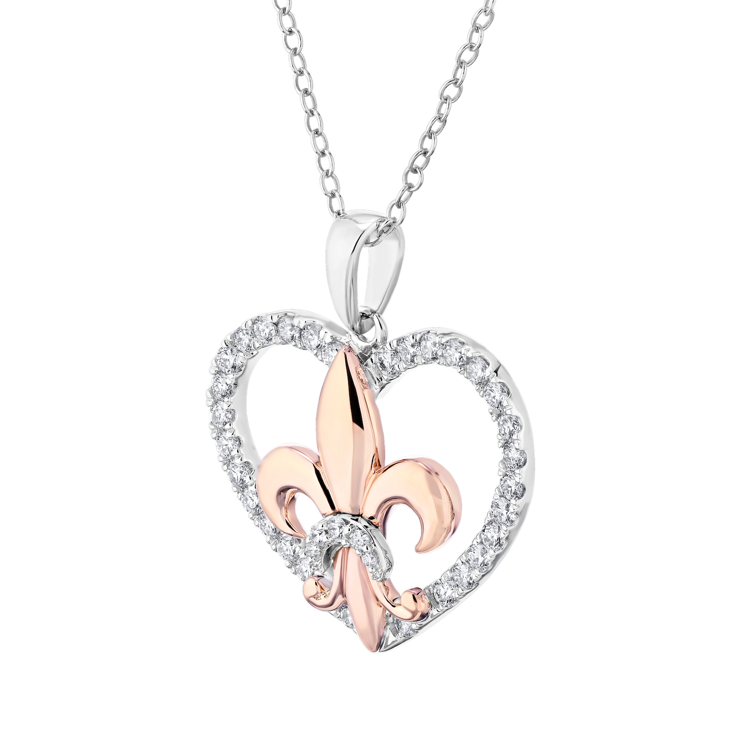 Lis Royale&trade; 14K Two Tone Heart Cutout with Fleur-De-Lis Pendant 0.50 Ctw Diamond