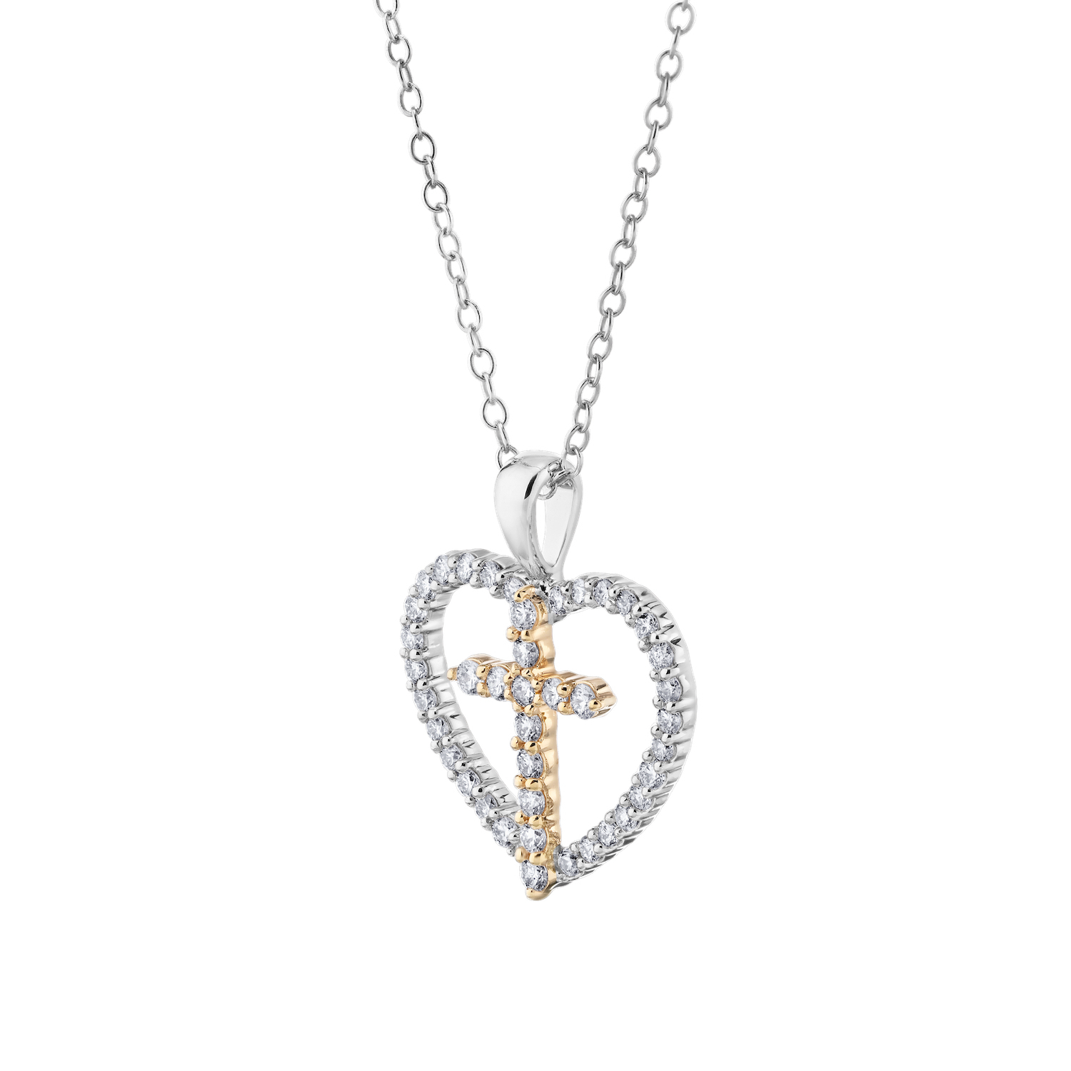 14K Two Tone Pendant Cutout Heart with Cross Center Diamond 0.50 Ctw