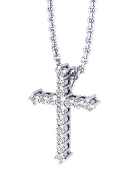 14K White Gold Pendant Gothic Style Cross Shared Prong Hidden Bail Diamond 0.75 Ctw