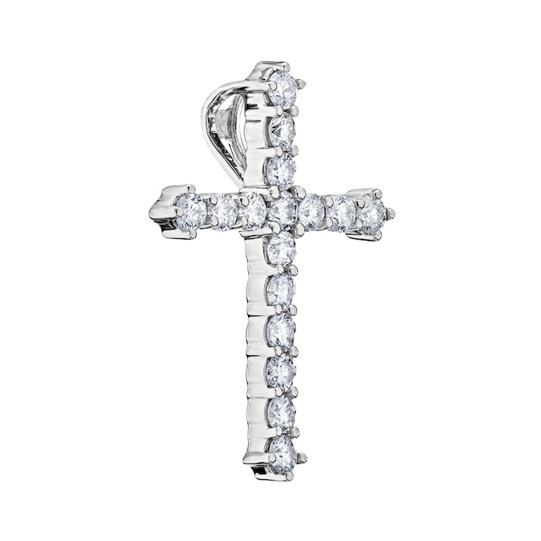14K White Gold Pendant Gothic Style Cross Shared Prong Hidden Bail Diamond 0.75 Ctw