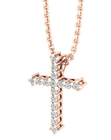 14K Rose Gold Pendant Gothic Style Cross Shared Prong Hidden Bail Diamond 0.25 Ctw