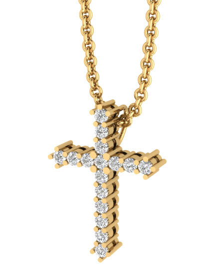 14K Yellow Gold Pendant Gothic Style Cross Shared Prong Hidden Bail Diamond 1.00 Ctw