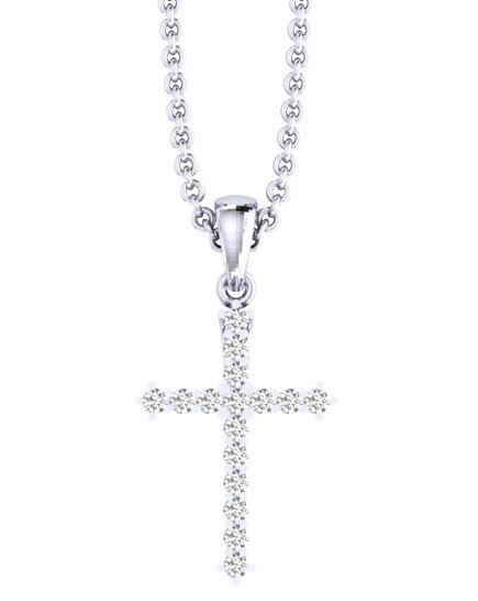 14K White Gold Pendant 16 Stone Prong Set Cross with Polished Bail Diamond 0.75 Ctw
