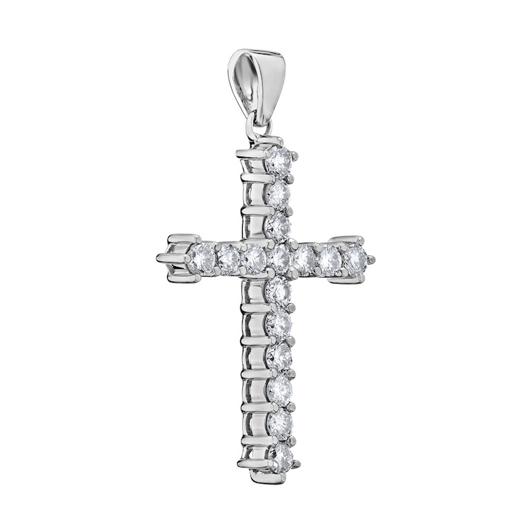14K White Gold Pendant 16 Stone Prong Set Cross with Polished Bail Diamond 0.75 Ctw
