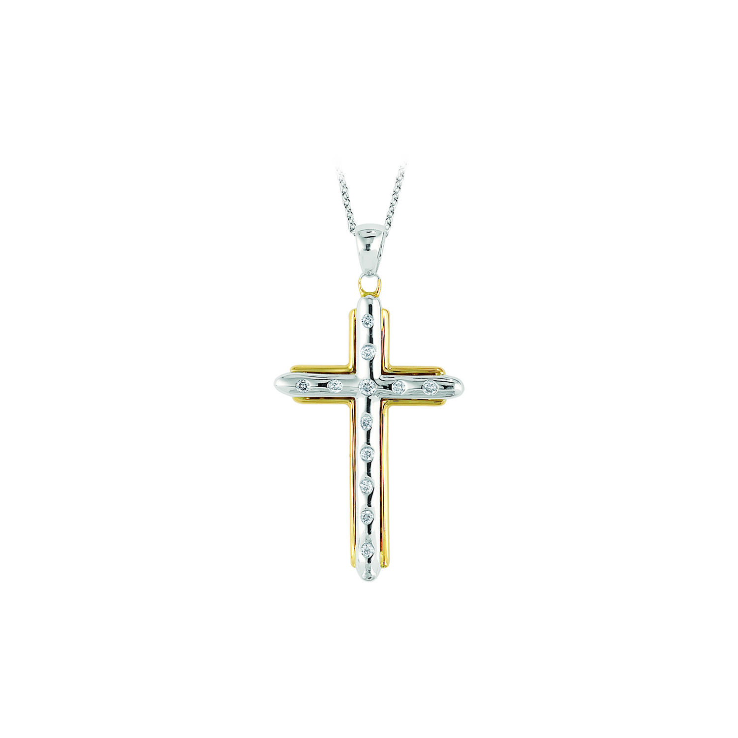 14K Two Tone Pendant Flush Set Cross Diamond 1.50 Ctw