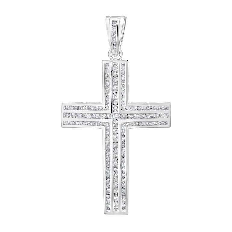 Shefian&trade; 10K White Gold Pendant Men's 3 Rows Channel Set Cross Diamond 1.00 Ctw