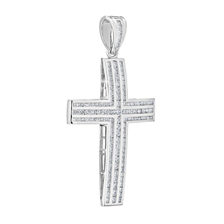 Shefian&trade; 10K White Gold Pendant Men's 3 Rows Channel Set Cross Diamond 1.00 Ctw