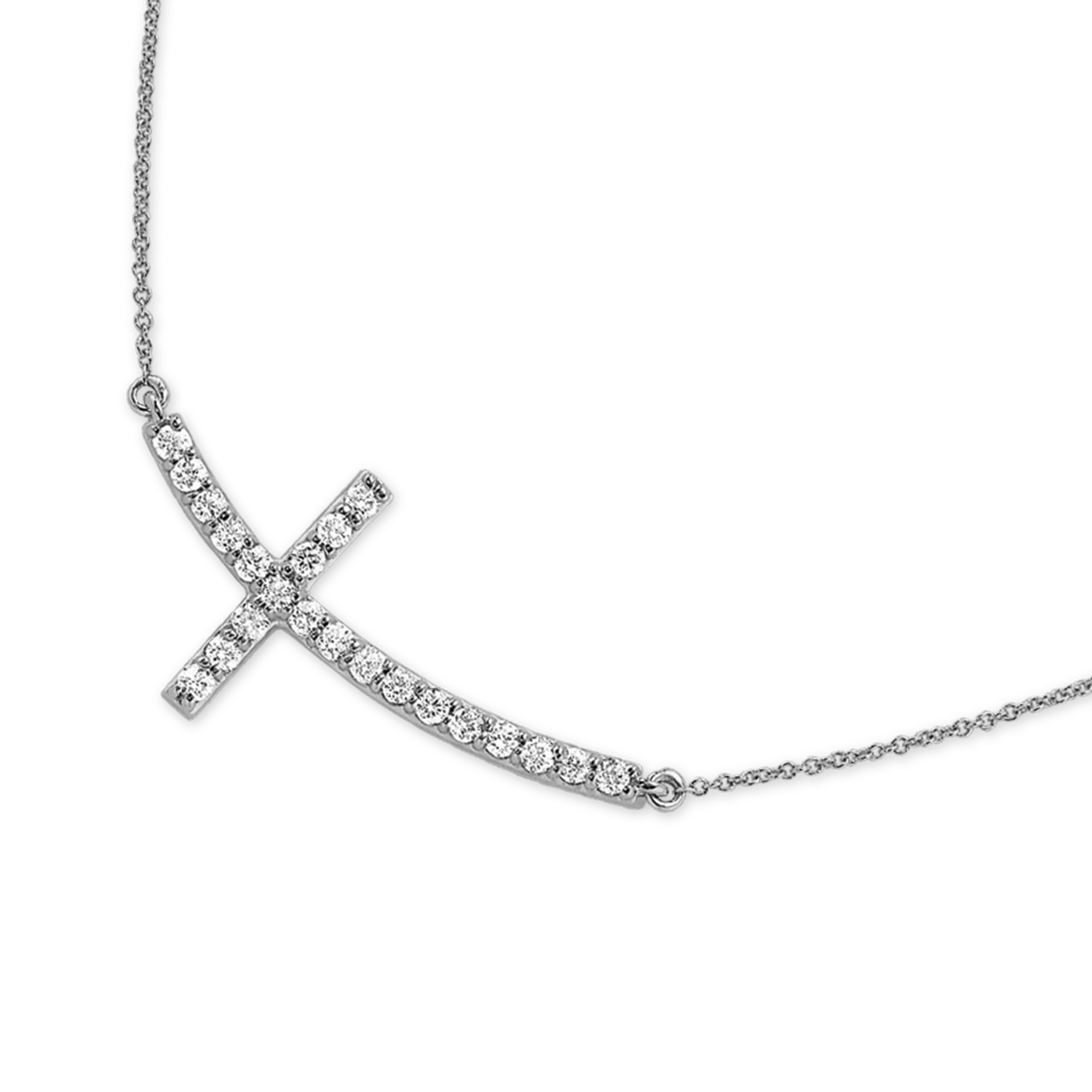 14K White Gold Necklace Curved Sideways Cross on Chain Diamond 0.50 Ctw