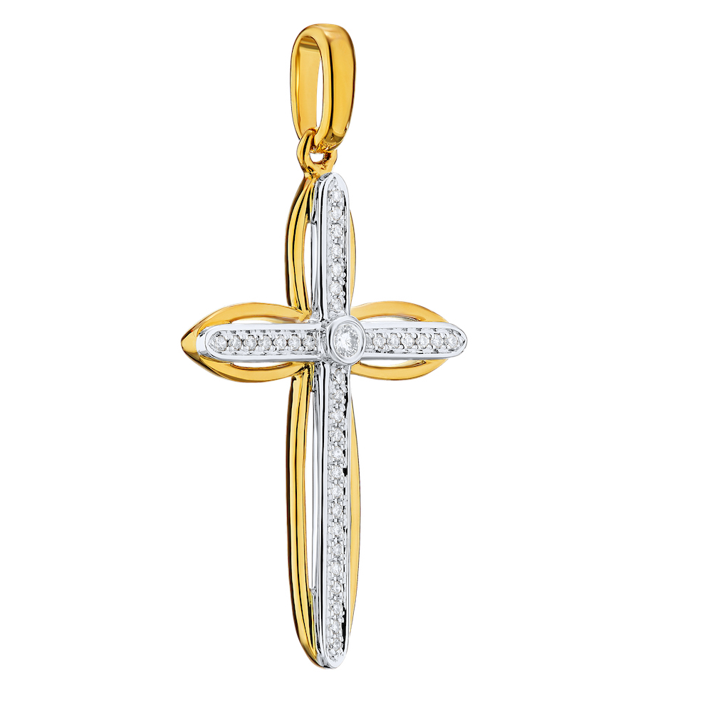 14K Two Tone Pendant Cross with Bead Set Center Polished Surrounds Diamond 0.10 Ctw