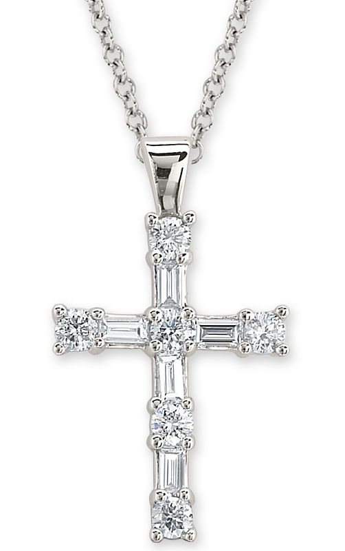14K White Gold Pendant Round & Baguette Cross Diamond 0.15 Ctw
