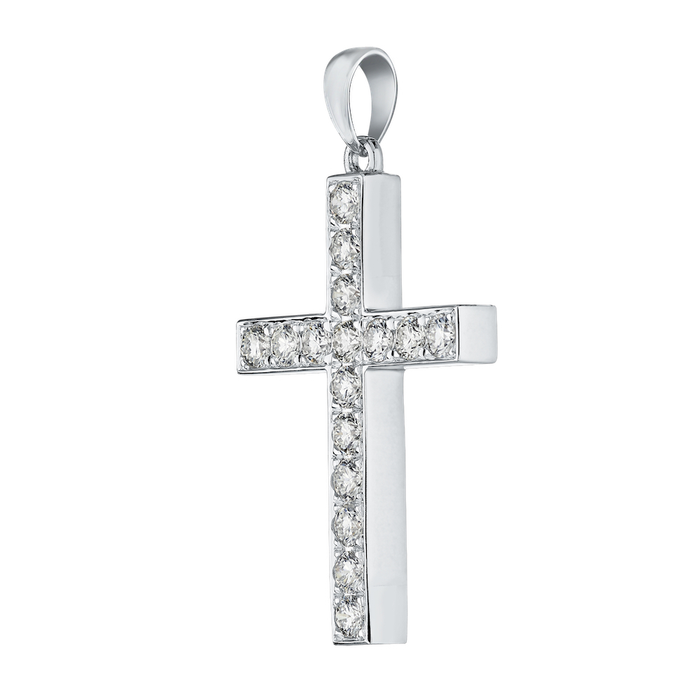 14K White Gold Pendant Bead Set Classic Style Cross Diamond 0.50 Ctw