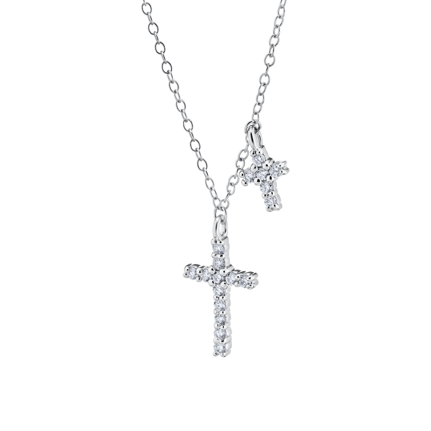 14K White Gold Necklace Double Cross Shared Prong 1 Smaller Diamond 0.20 Ctw