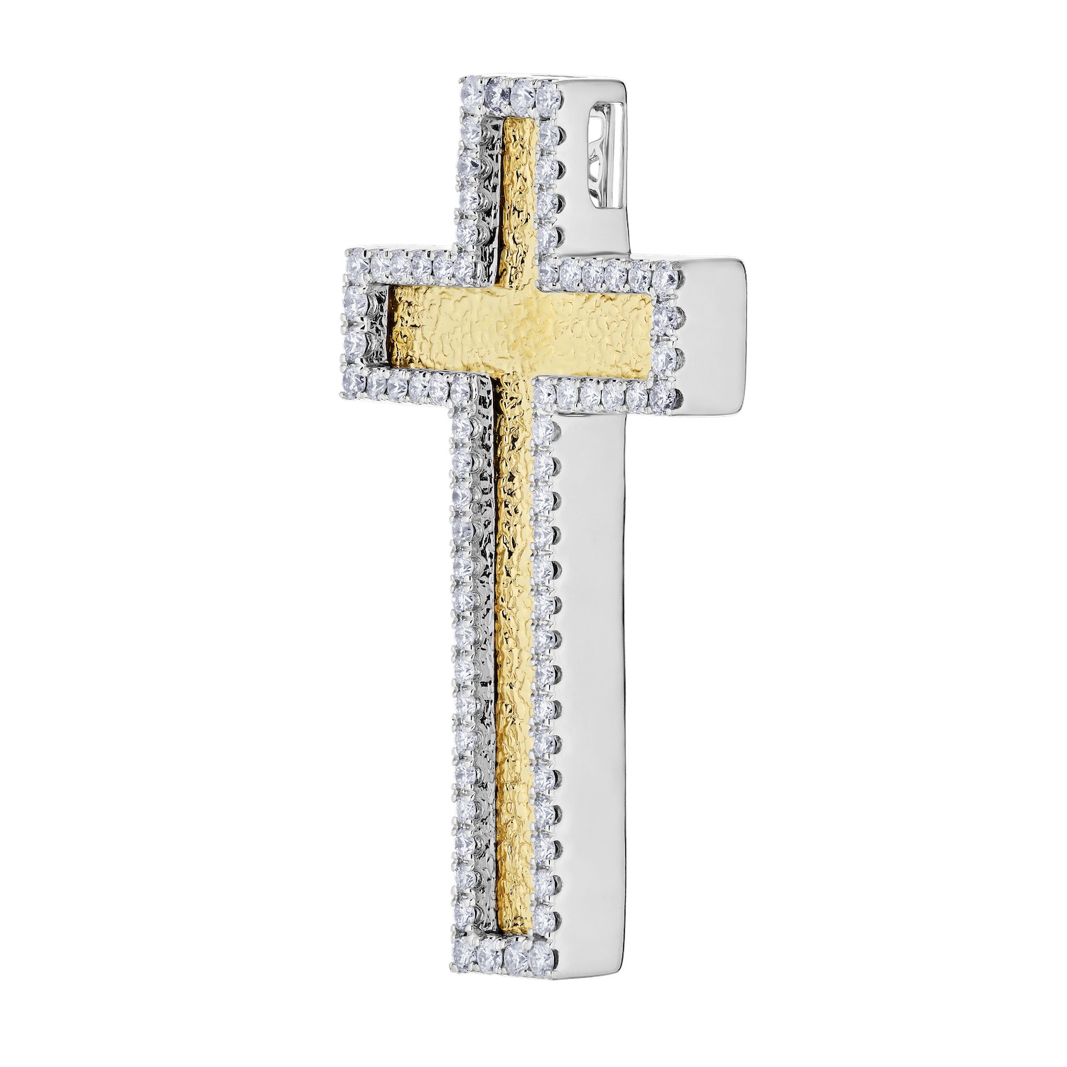 Textura&trade; 14K Two Tone Textured Gold Cross with Halo Surround Diamond 0.65 Ctw