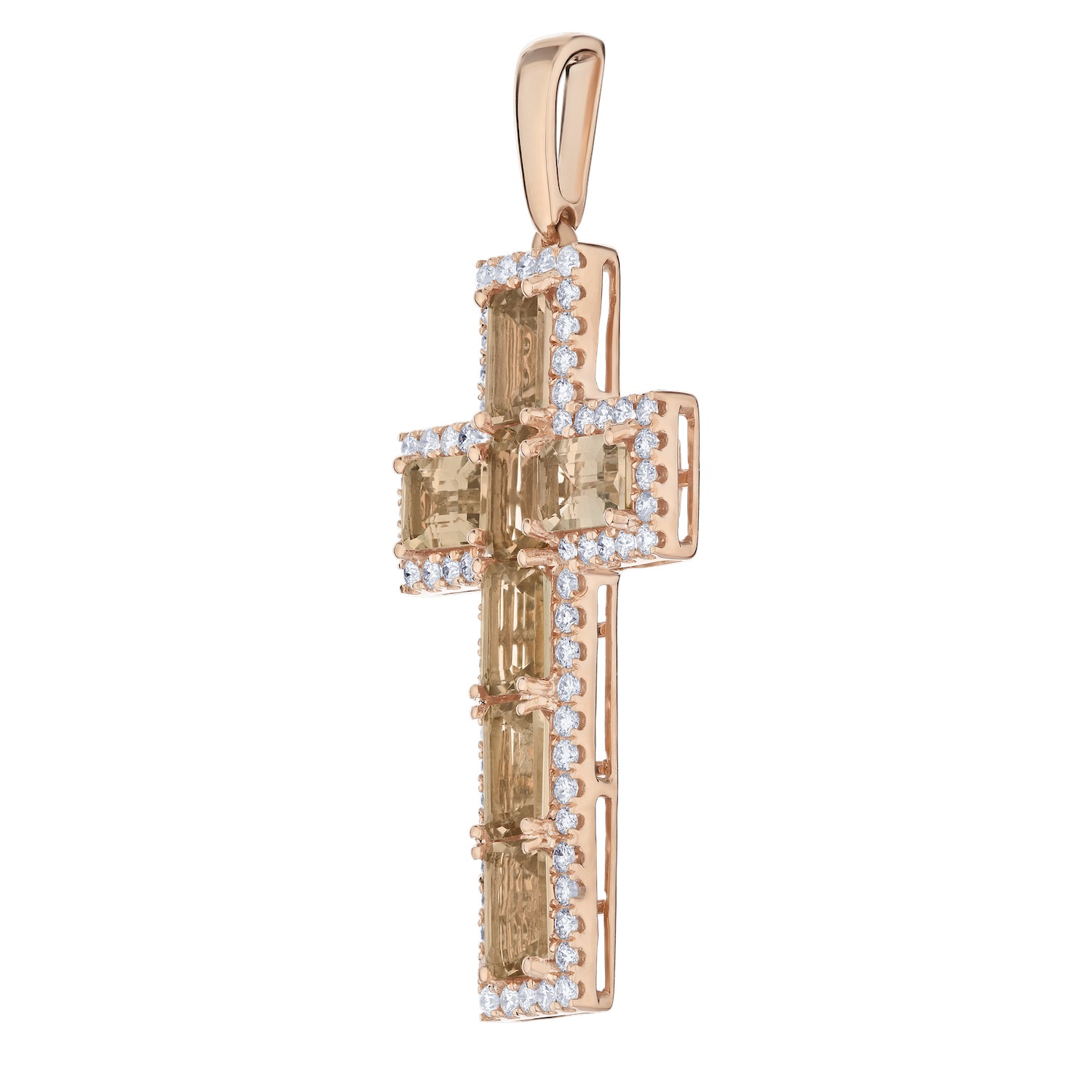 Peach Blossom&trade; 14k Rose Gold Emerald Cut Morganite with Halo Cross Pendant Diamond 4.28 Ctw