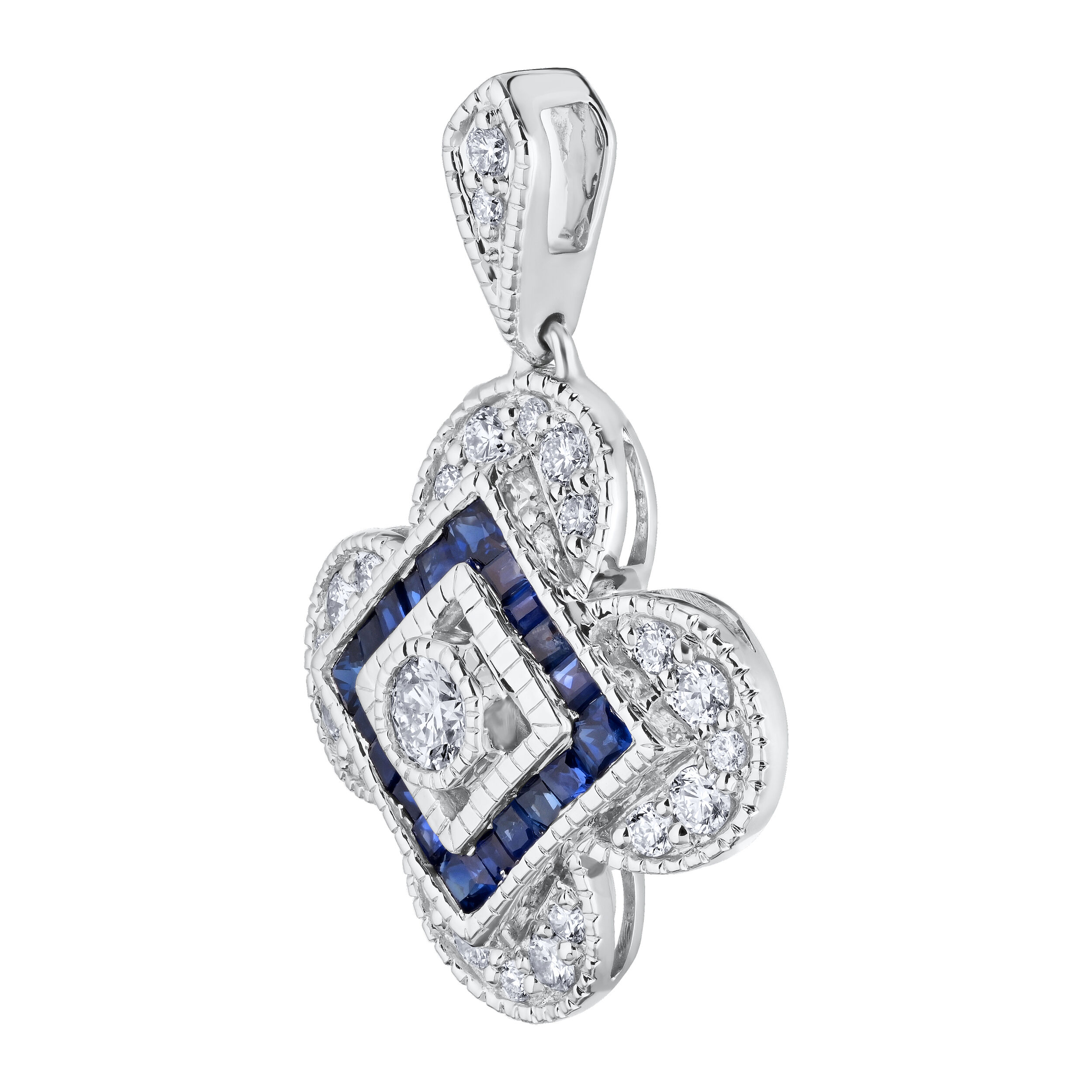 Vintage Treasures&trade; 14k White Gold Art Deco Flower Shape with Color Stones Pendant Diamond & Blue Sapphire 1.00 Ctw