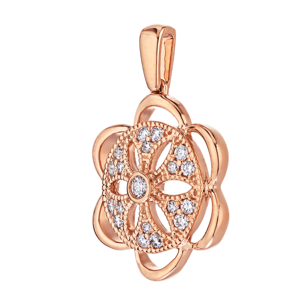 14K Rose Gold Pendant Cutout Round Wire Flower with Ornate Center Diamond 0.25 Ctw