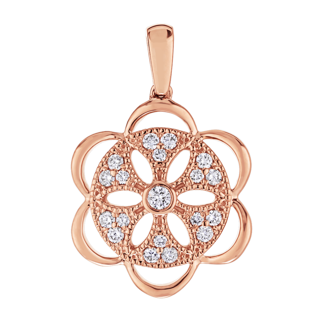 14K Rose Gold Pendant Cutout Round Wire Flower with Ornate Center Diamond 0.25 Ctw