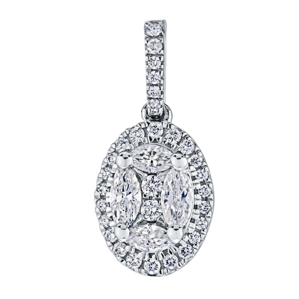 14K White Gold Pendant Oval Cluster with Marquises & Rounds with Halo Diamond 0.60 Ctw