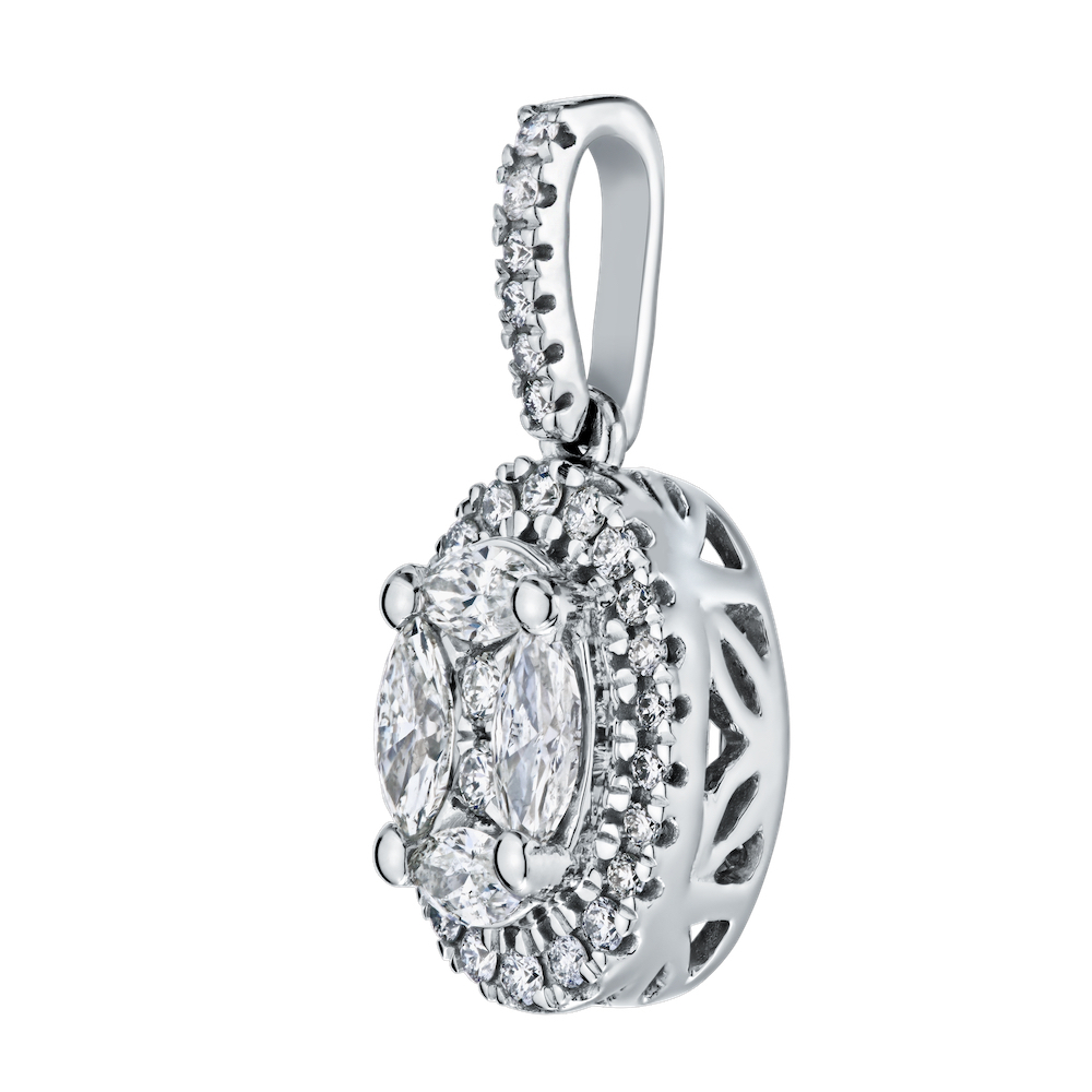 14K White Gold Pendant Oval Cluster with Marquises & Rounds with Halo Diamond 0.60 Ctw