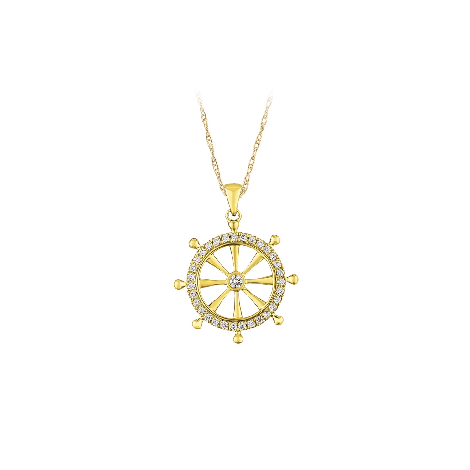 BluSea&trade; 14k Yellow Gold Pendant Ships Wheel with Pave Surround Diamond 0.25 Ctw