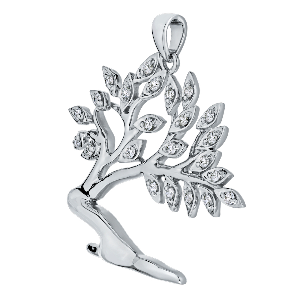 14K White Gold Pendant Divi Tree Prong Set Leaves Diamond 0.20 Ctw