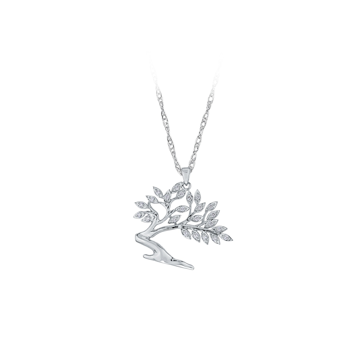 14K White Gold Pendant Divi Tree Prong Set Leaves Diamond 0.20 Ctw