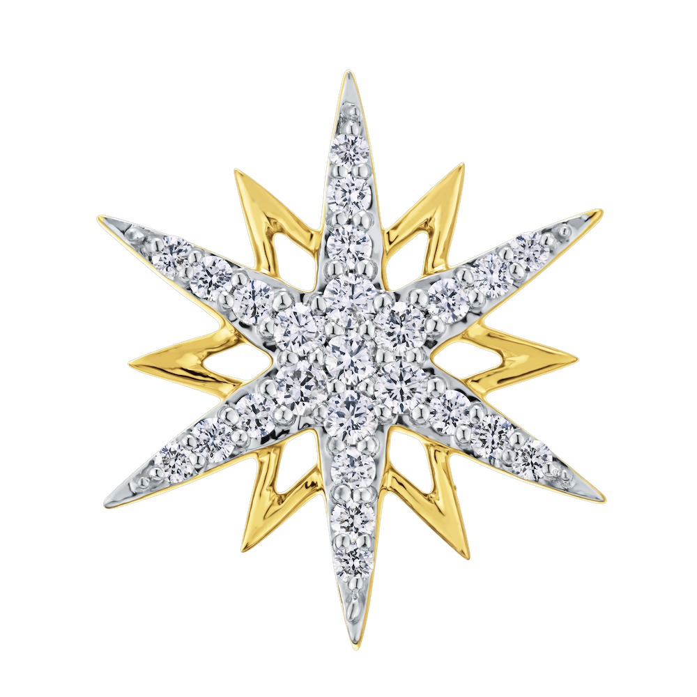 14K Two Tone Pendant Polished Star with Pave Overlay Starburst Diamond 0.25 Ctw
