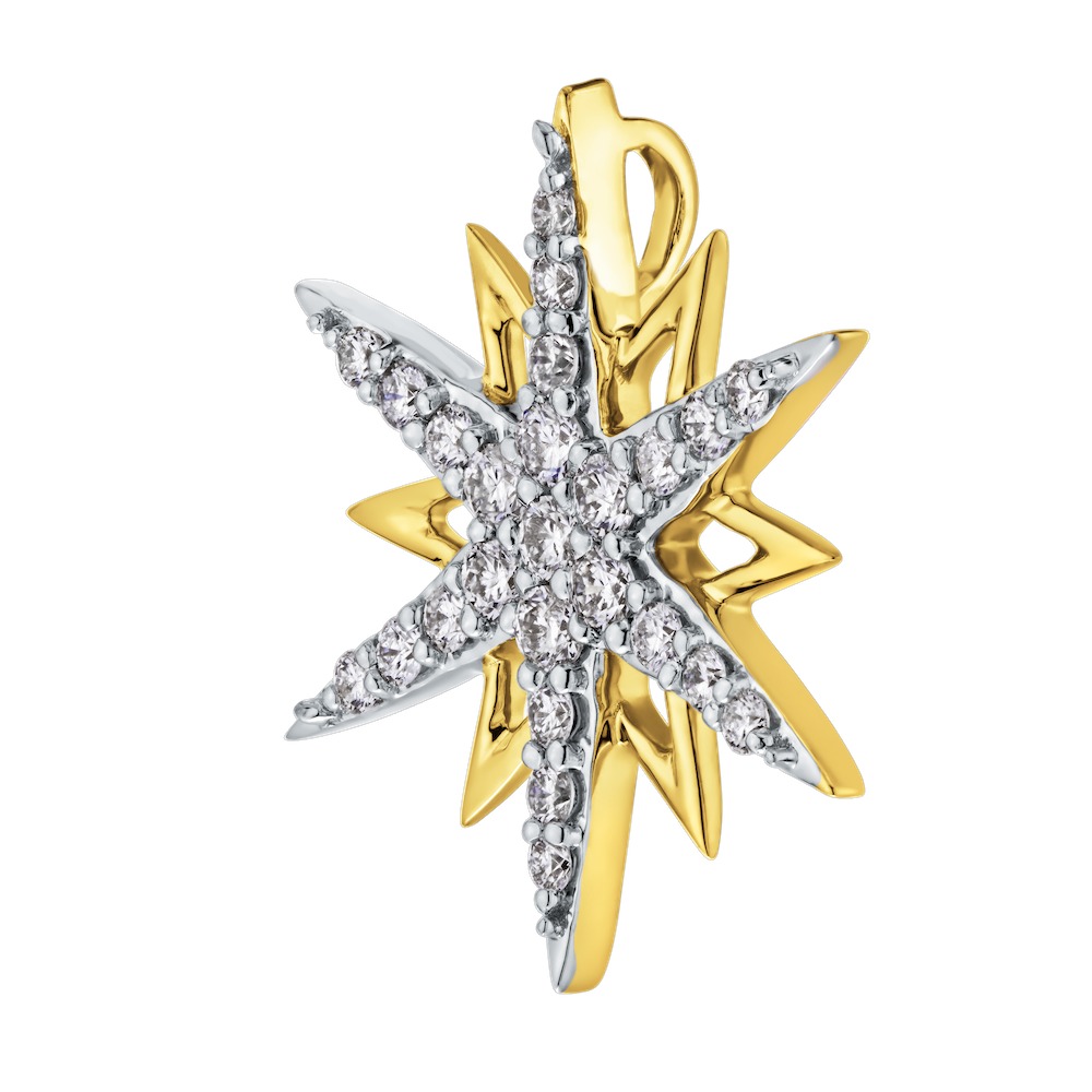 14K Two Tone Pendant Polished Star with Pave Overlay Starburst Diamond 0.25 Ctw
