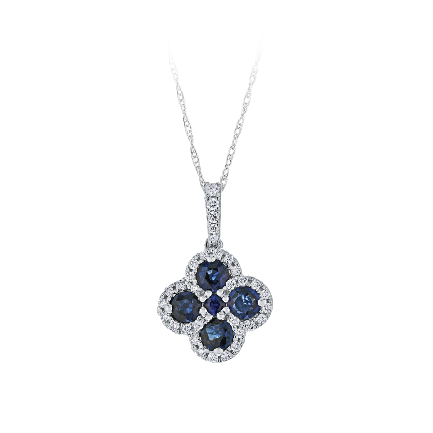 Majestic Gems&trade; 14k White Gold Color Stone Clover with Diamond Halo Blue Sapphire & Diamond 0.62 Ctw