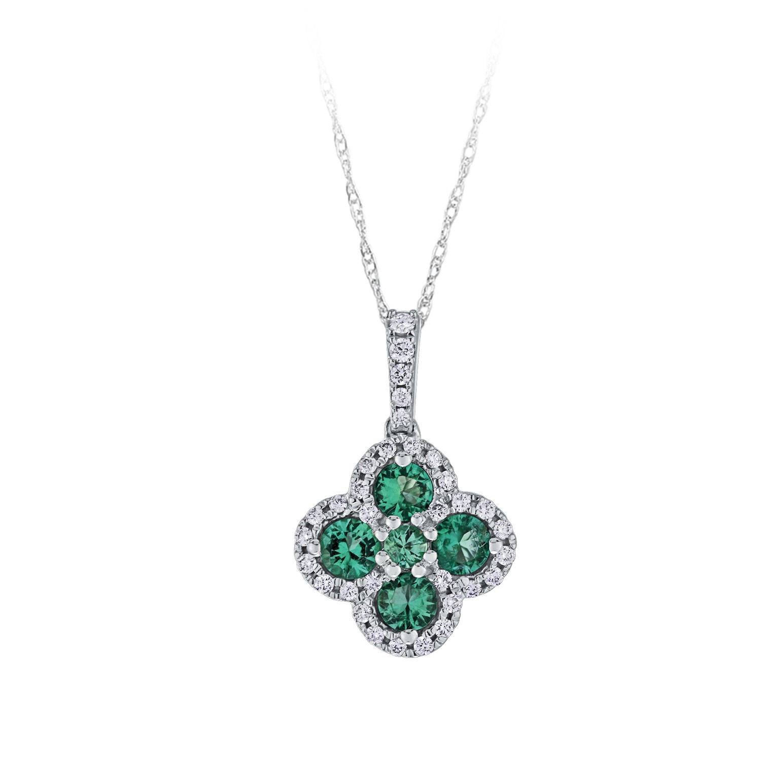 Majestic Gems&trade; 14k White Gold Color Stone Clover with Diamond Halo Emerald & Diamond 0.62 Ctw
