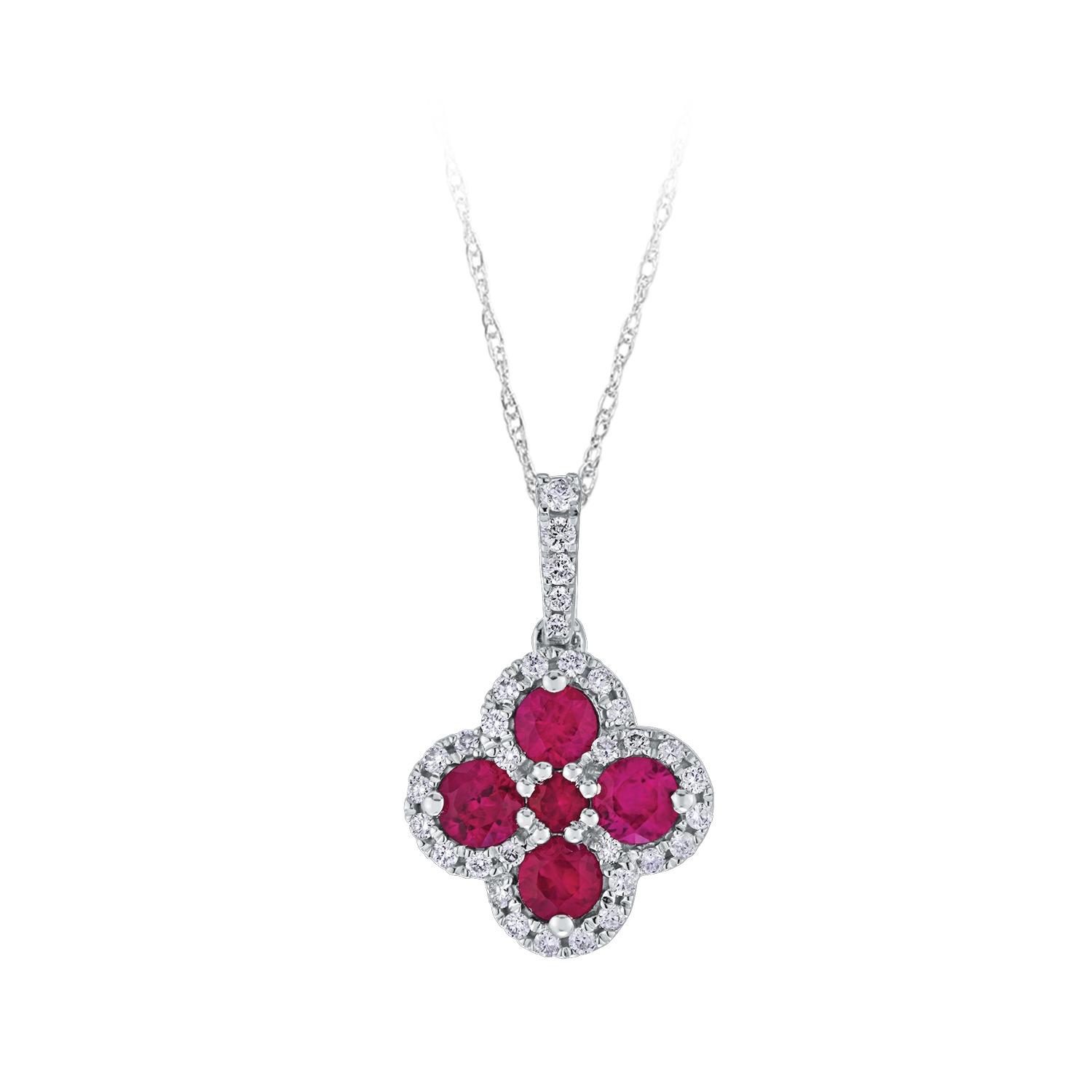 Majestic Gems&trade; 14k White Gold Color Stone Clover with Diamond Halo Ruby & Diamond 0.65 Ctw