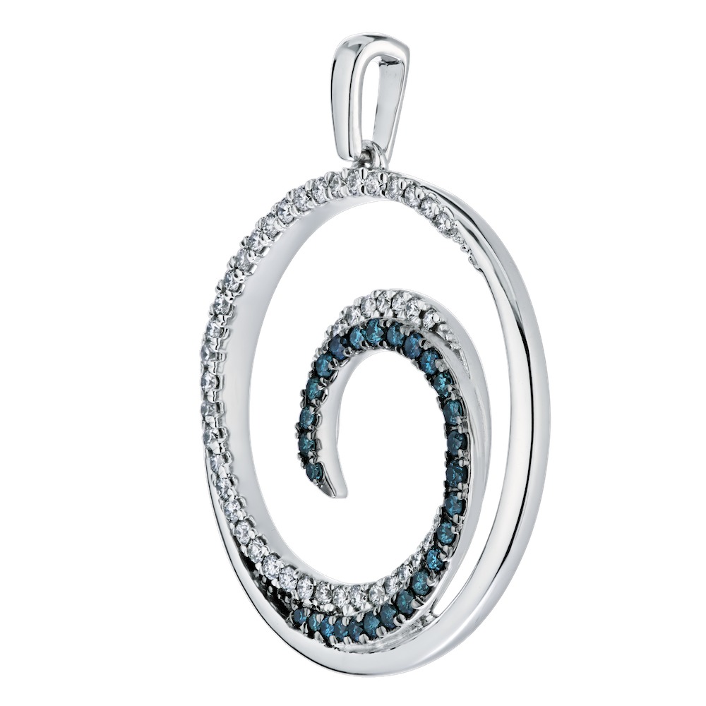 14K White Gold Pendant Circle with Inner Wave Blue & White Diamond 0.40 Ctw
