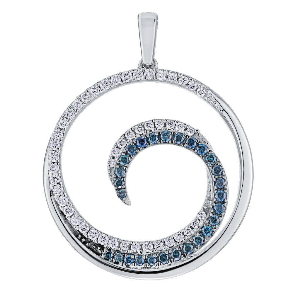 14K White Gold Pendant Circle with Inner Wave Blue & White Diamond 0.40 Ctw