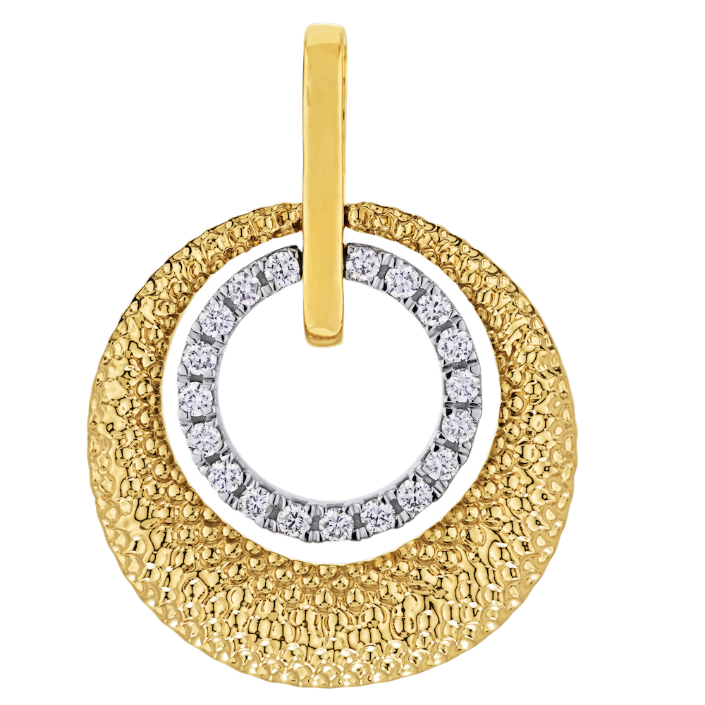 Textura&trade; 14K Two Tone Textured Circle Thicker Bottom Inner Circle Pave Set Diamond 0.20 Ctw