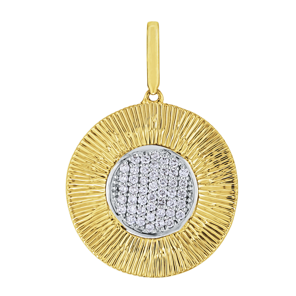 14K Two Tone Pendant Round Mesh Disc with Pave Center Diamond 0.25 Ctw