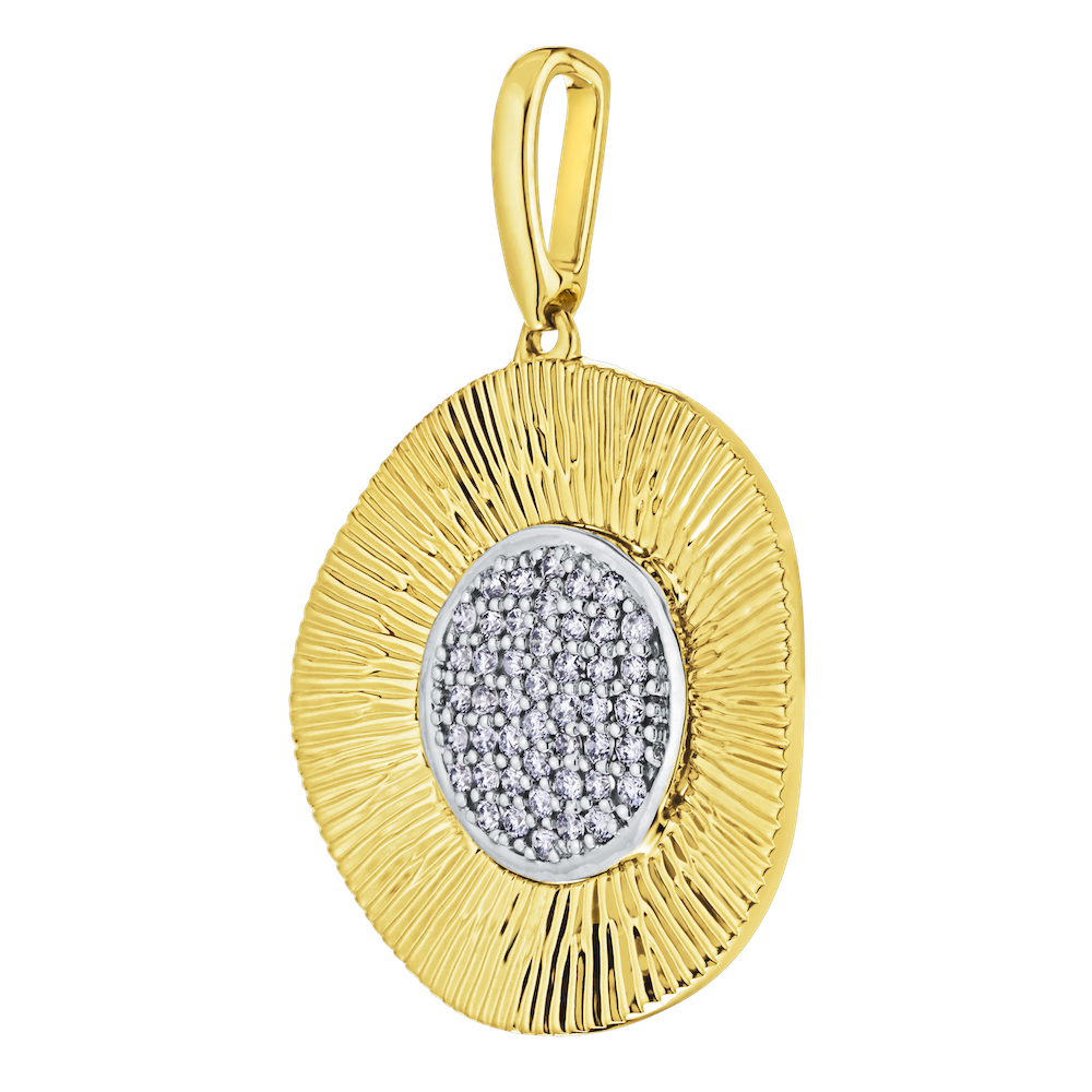 14K Two Tone Pendant Round Mesh Disc with Pave Center Diamond 0.25 Ctw